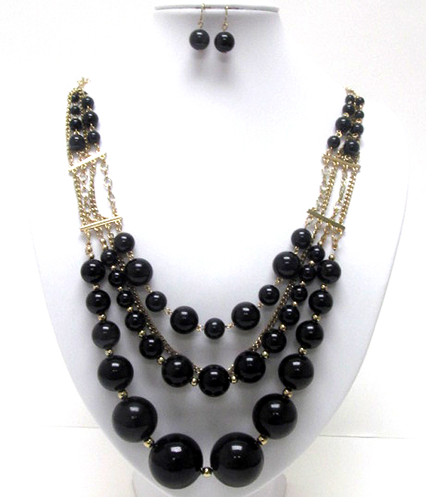 Multi size pearl link triple line chain deco necklace earring set