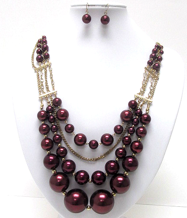 Multi size pearl link triple line chain deco necklace earring set