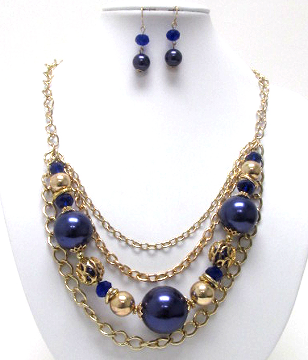 Multi pearl and metal ball link and chain drop necklace earring set