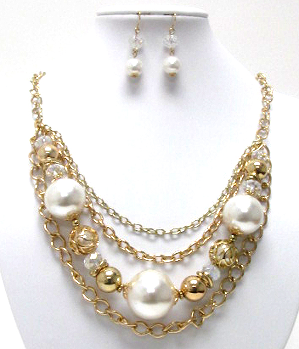 Multi pearl and metal ball link and chain drop necklace earring set