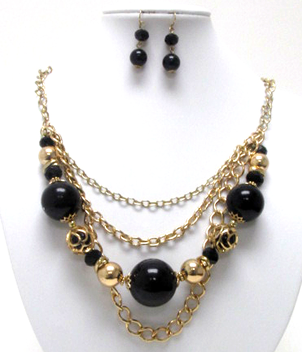 Multi pearl and metal ball link and chain drop necklace earring set