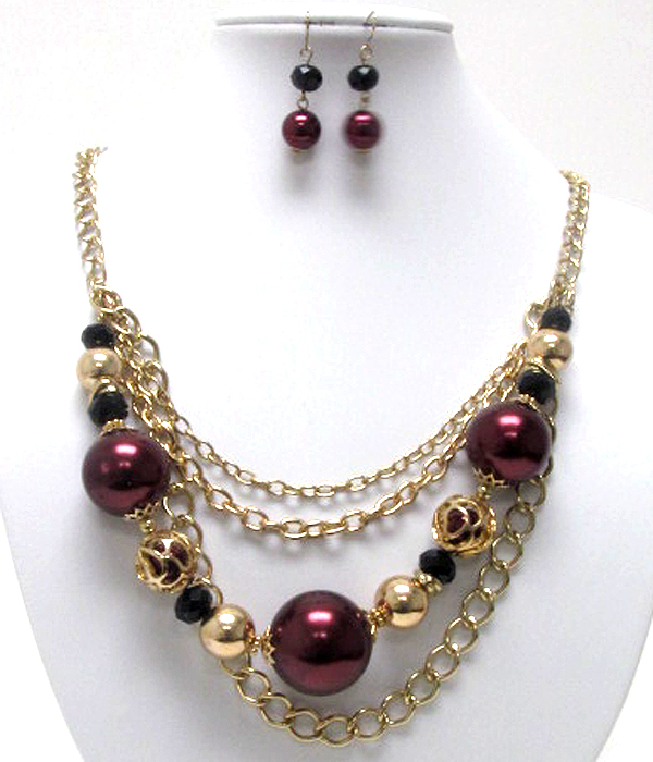 Multi pearl and metal ball link and chain drop necklace earring set