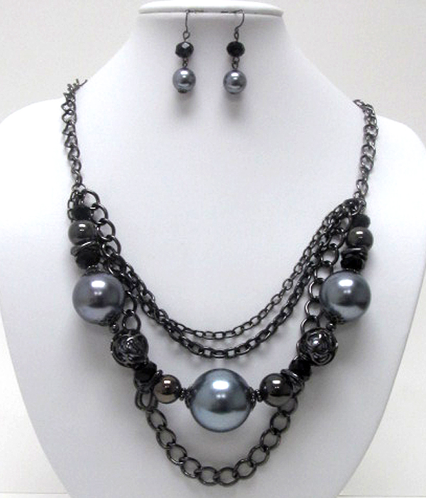 Multi pearl and metal ball link and chain drop necklace earring set