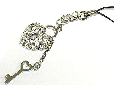 Crystal heart lock and key cell phone charm