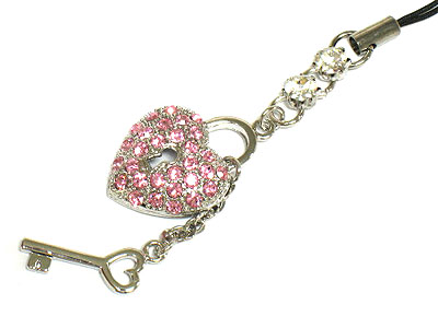 Crystal heart lock and key cell phone charm