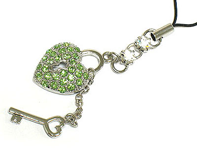 Crystal heart lock and key cell phone charm