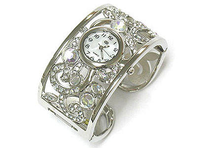 Crystal ans metal filigree bangle watch