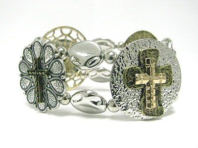 Two tone oval metal with cross stretch bracelet