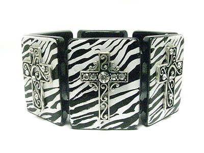 Metal cross on zebra pattern acryl bar stretch bracelet