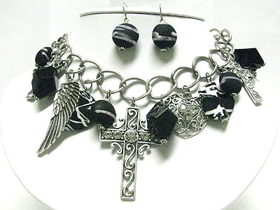 Genuine stone and crystal cross charm dangle necklace earring set