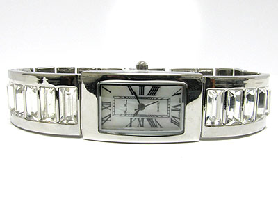 Barguette crystal brass metal band watch