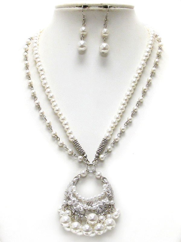 Pearl beads ball dangle round pendant neckalce earring set