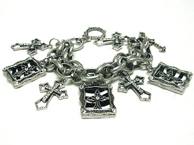 Crystal stud animal pattern cross charm dangle multi chain bracelet