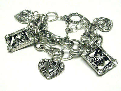 Crystal stud animal pattern heart charm dangle multi chain bracelet