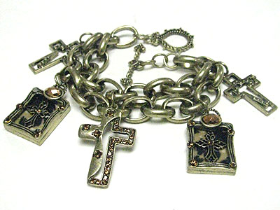 Crystal stud animal pattern cross charm dangle multi chain bracelet