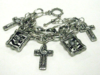 Crystal stud animal pattern cross charm dangle multi chain bracelet