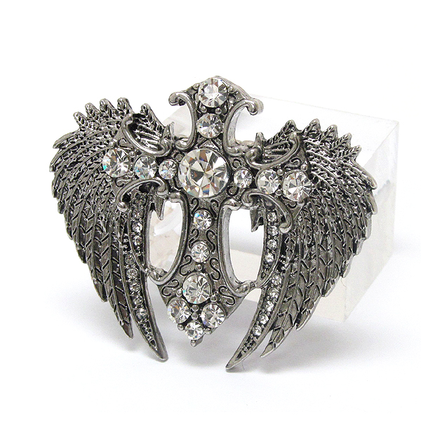 Crystal cross and angel wing stretch ring