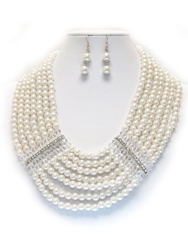 Crytal bar seperated seven row glass pearl necklace earring set