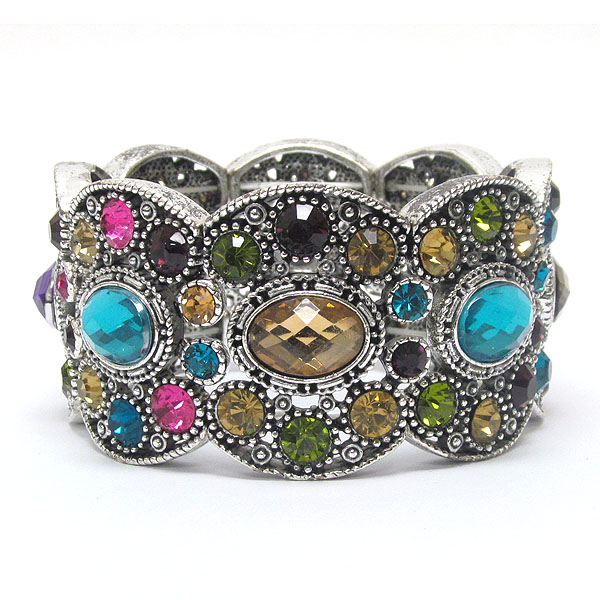 Multi crystal and facet glass deco stretch bracelet