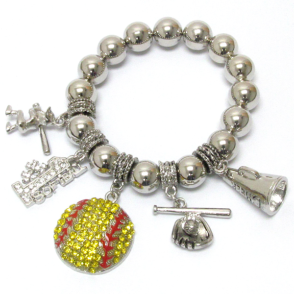 Crystal deco softball cheerleader charm stretch bracelet