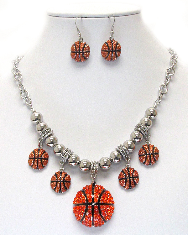 Crystal deco multi basketball charm drop necklace earrring set