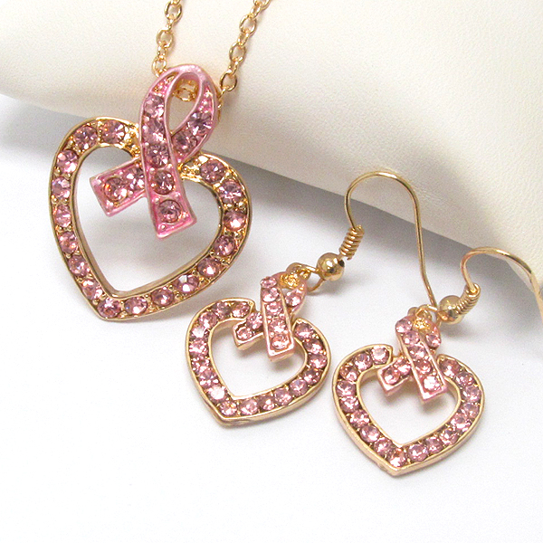 Crystal pinkribbon and heart necklace earring set