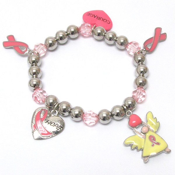 Pinkribbon and angel charm stretch bracelet