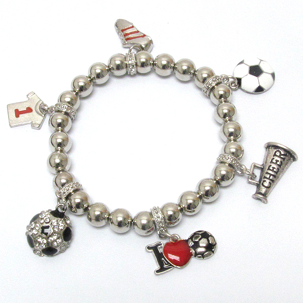 Crystal deco soccer ball and cheerleader theme charm stretch bracelet