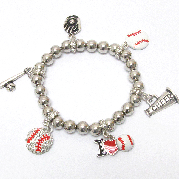 Crystal deco baseball and cheerleader theme charm stretch bracelet