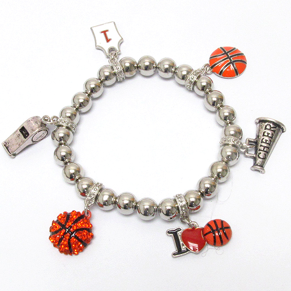 Crystal deco basketball and cheerleader theme charm stretch bracelet