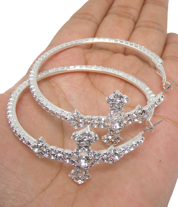 Rhinestone cross hoop earring