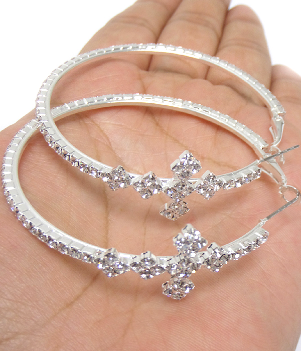 Rhinestone cross hoop earring