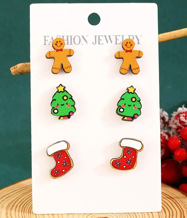 Christmas theme 3 pair earring set - ginger bread tree sock