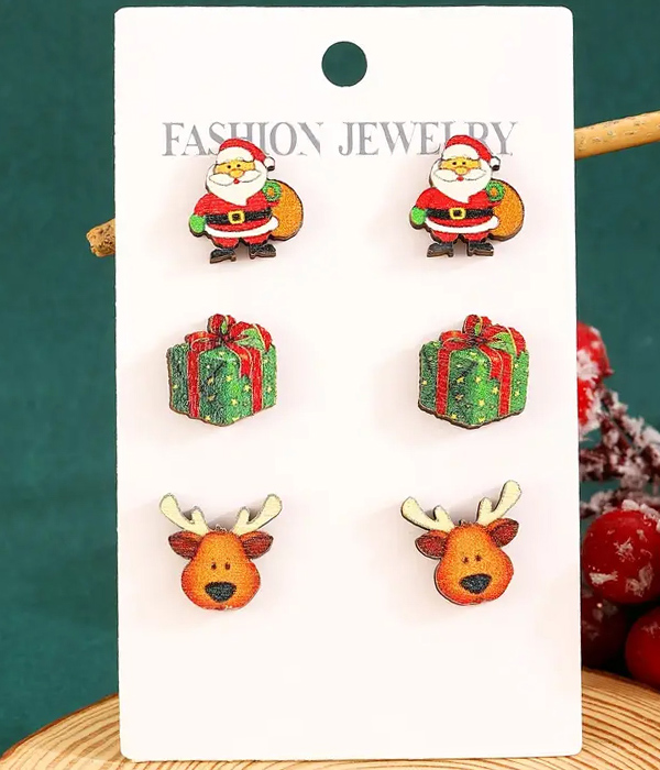 Christmas theme 3 pair earring set - santa reindeer