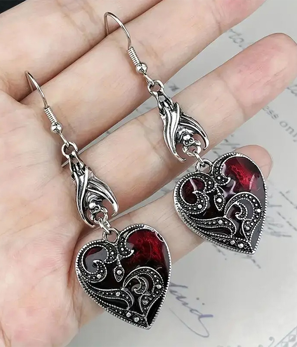 Retro gothic bat and heart drop earring