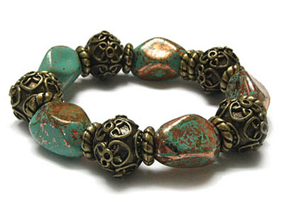 Patina texture beads and metal casting stretch bracelet 