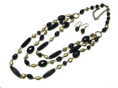 Triple row beads and burnish metal necklace and earring set