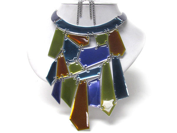 Architectural and geometric multi solid metal and epoxy deco piece link bib necklace earring set