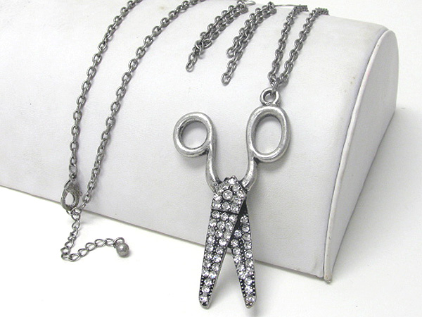 Crystal stud scissor pendant and long chain necklace earring set