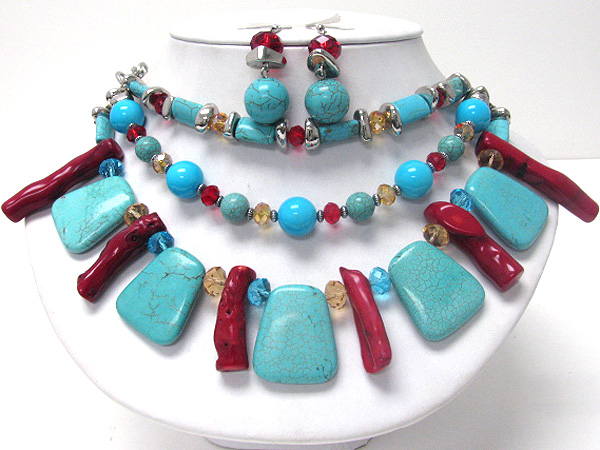 Facet glass and coral link multi layered necklace earring set