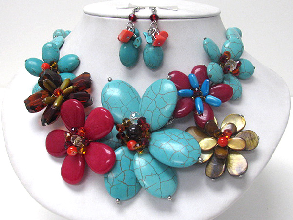 Torquoise and shell petal multi flower link statement necklace earring set