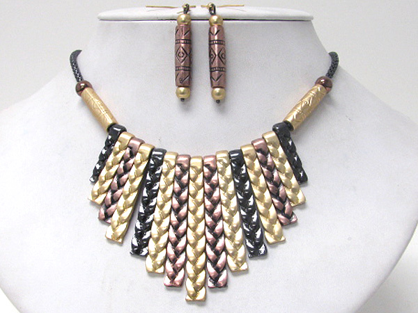 Multi woven metal bar link tribal style necklace earring set