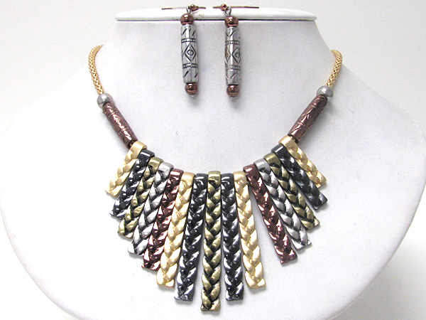 Multi woven metal bar link tribal style necklace earring set