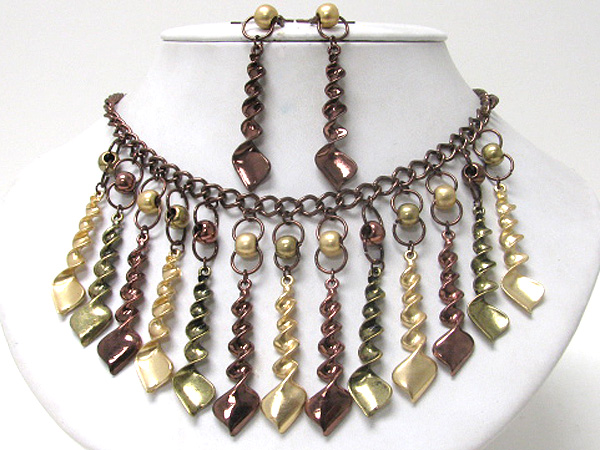 Multi twisted metal bar dangling tribal style necklace earring set