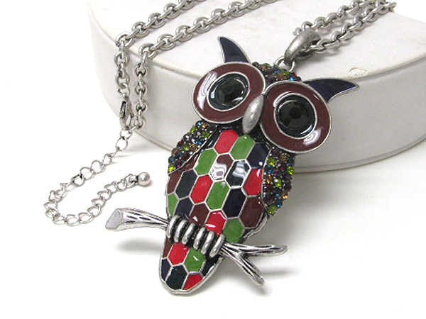 Crystal and epoxy deco owl necklace