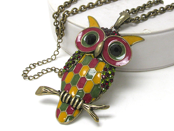 Crystal and epoxy deco owl necklace 