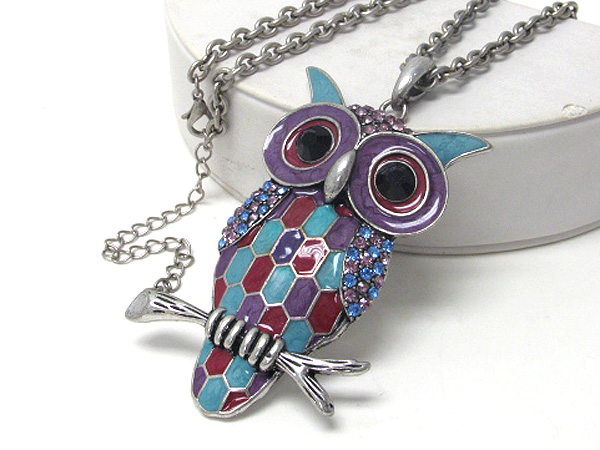 Crystal and epoxy deco owl necklace 