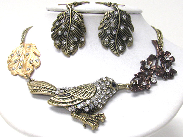 Crystal stud bird and leaf link statement necklace earring set