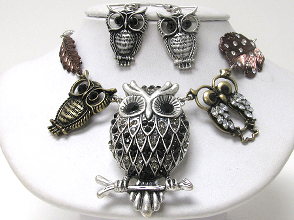 Crystal deco multi owl link statement necklace earring set