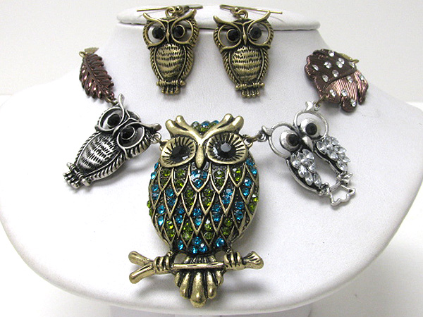 Crystal deco multi owl link statement necklace earring set